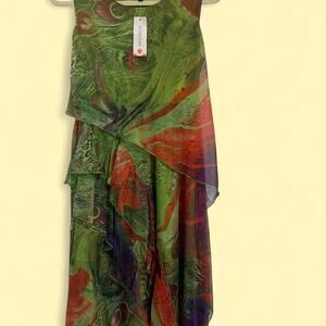 Floryday green and red peacock print dress with ruffles size medium NWT